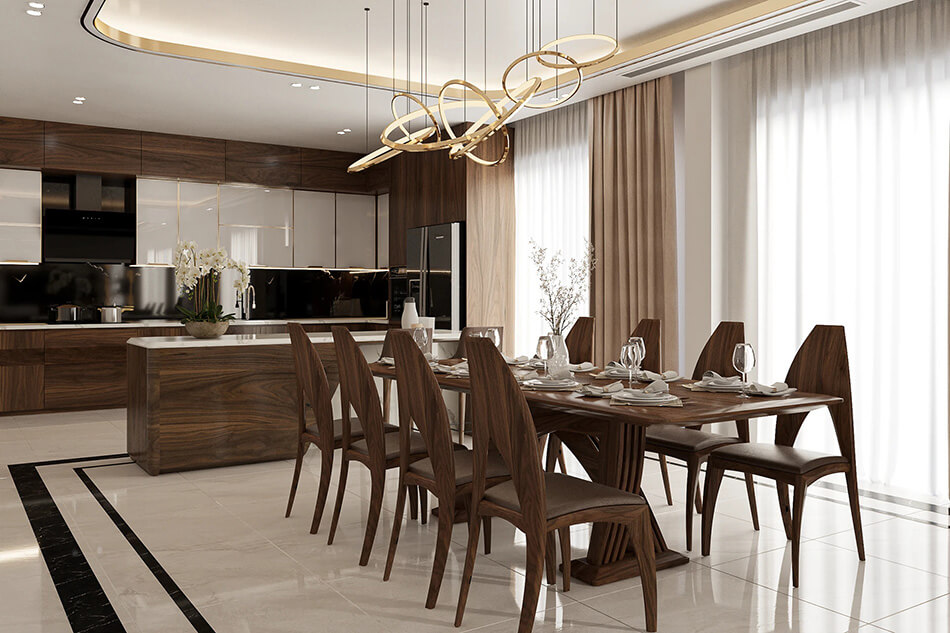 phòng bếp biệt thự gỗ óc chó