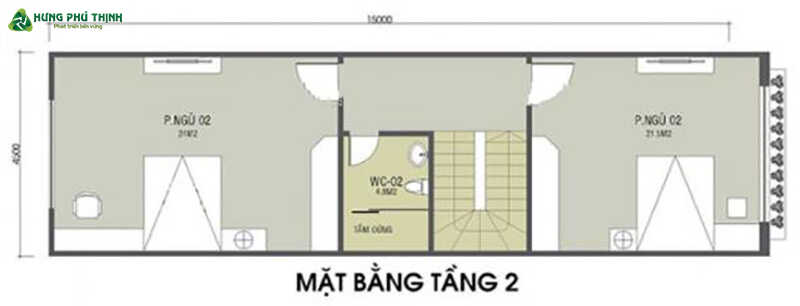 Bản vẽ mẫu nhà 2 tầng 3 phòng ngủ 4x15 - Tầng 2