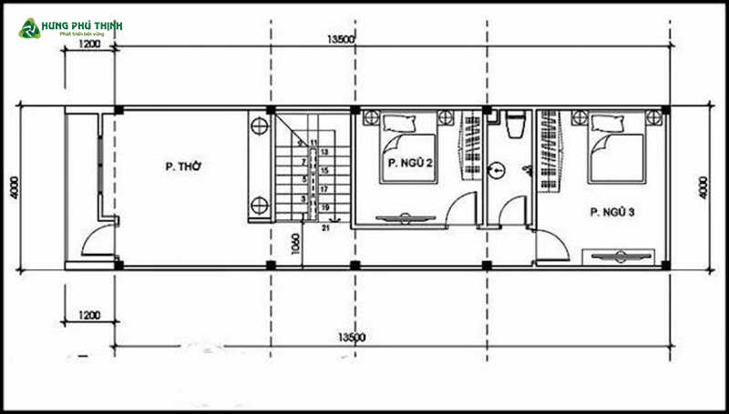 Bản vẽ mẫu nhà 2 tầng 3 phòng ngủ 5x18 - Tầng 2