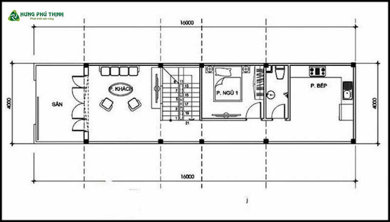 Bản vẽ mẫu nhà 2 tầng 3 phòng ngủ 5x18 - Tầng 1