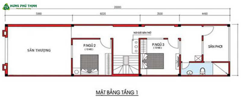 Bản vẽ nhà ống 2 tầng 5x20 3 phòng ngủ - Tầng 1