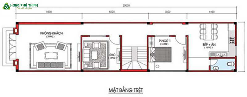 Bản vẽ nhà ống 2 tầng 5x20 3 phòng ngủ - Tầng 1