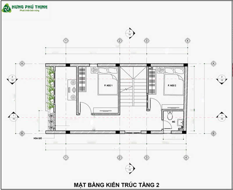 Bản vẽ thiết kế nhà 3 tầng 5x10m chi tiết - Tầng 2