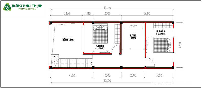 Bản vẽ mặt bằng mẫu thiết kế nhà 2 tầng 3 phòng ngủ 60m2 - Tầng 2