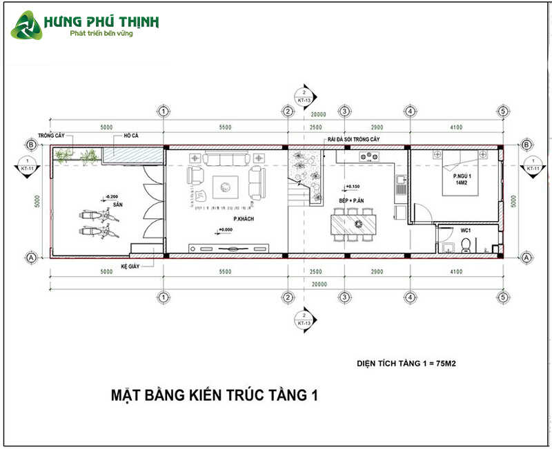 Bản vẽ chi tiết của thiết kế nhà 3 tầng 5x17m