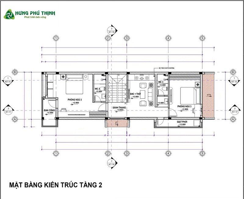 Bản vẽ thiết kế nhà 2 tầng 5x15 chi tiết - Tầng 2