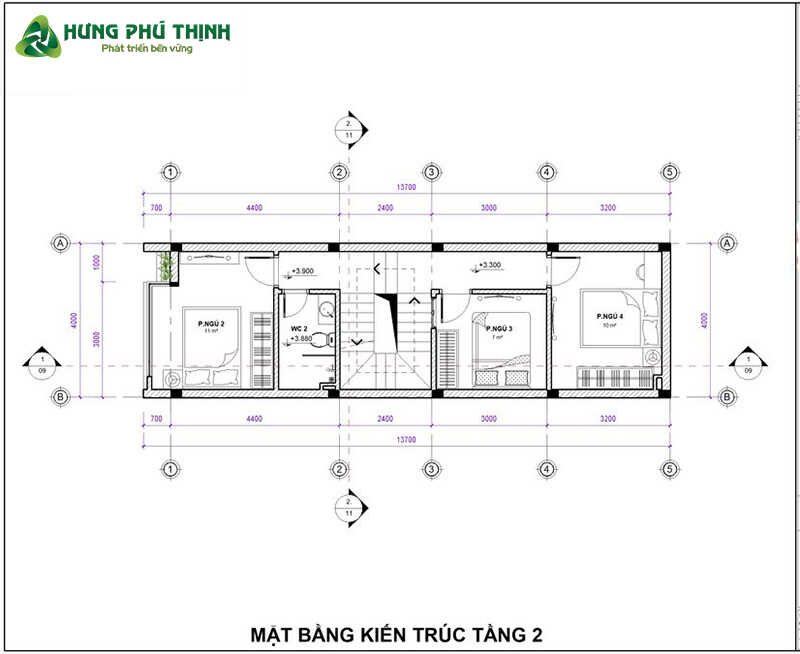 Bản vẽ thiết kế nhà 3 tầng 4x16m chi tiết - Tầng 2