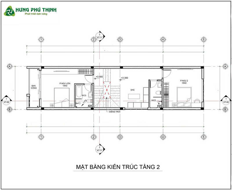 Bản vẽ thiết kế nhà 3 tầng 4x18m - Tầng 2