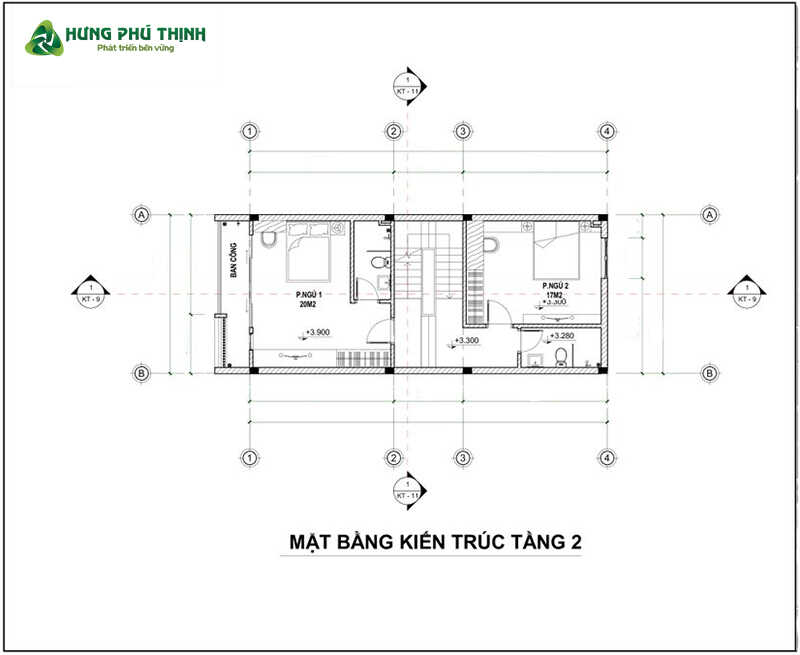 Bản vẽ thiết kế nhà 5x12m 3 tầng - Tầng 2