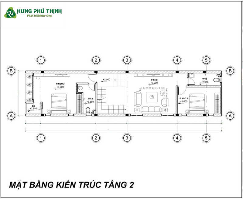 Bản vẽ thiết kế nhà 3 tầng 4x20m chi tiết - Tầng 2