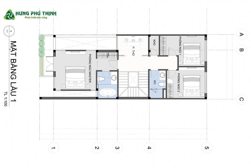 Bản vẽ thiết kế nhà 2 tầng 6x15m chi tiết - Lầu 2