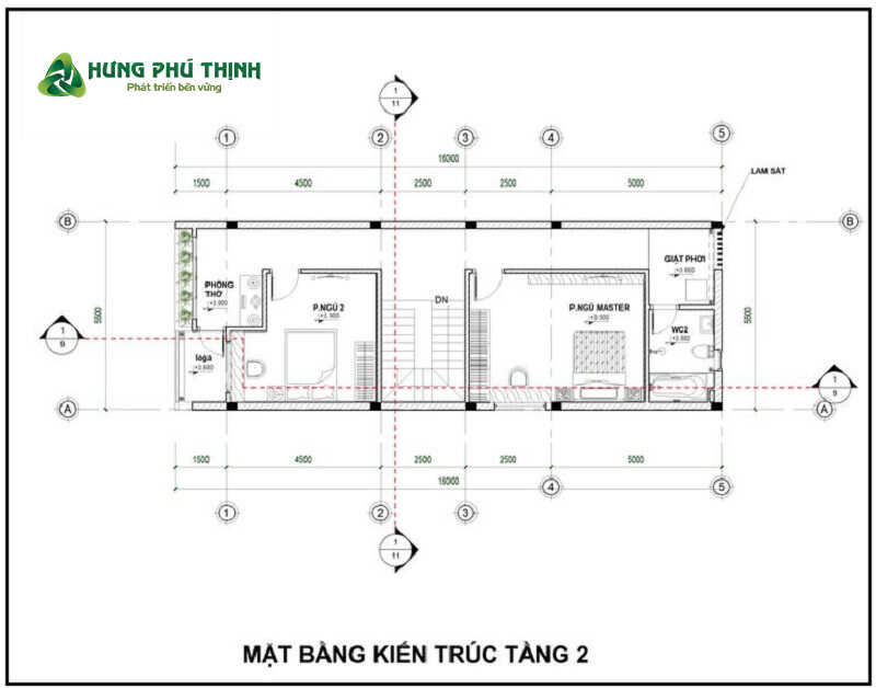 Bản vẽ mặt bằng mẫu thiết kế nhà 2 tầng 3 phòng ngủ 80m2 - Tầng 2
