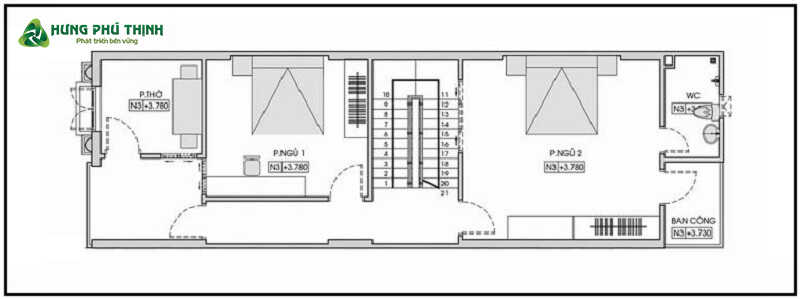 Bản vẽ thiết kế nhà 2 tầng 4x14m - Lầu 1