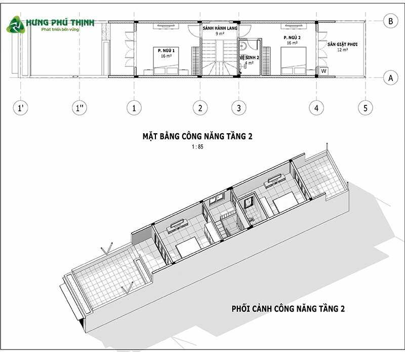 Bản vẽ công năng thiết kế nhà 2 tầng 4x16m - Tầng 2