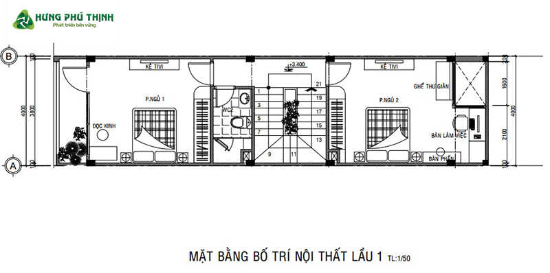 Bản vẽ thiết kế nhà 2 tầng 4x17m chi tiết - Lầu 1