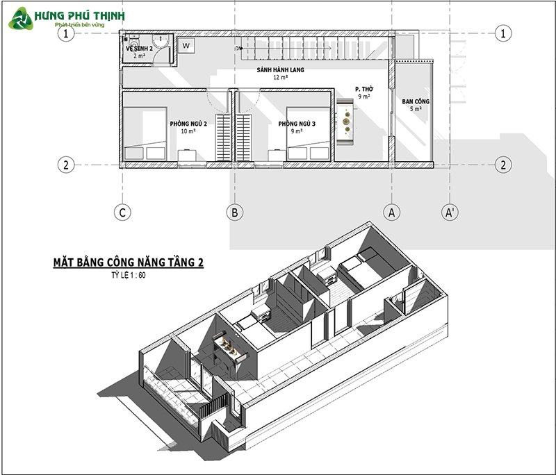 Bản vẽ thiết kế nhà 2 tầng 50m2 3 phòng ngủ - tầng 2