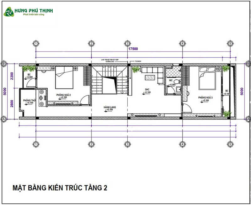 Bản vẽ thiết kế nhà 2 tầng 5x17m chi tiết - Tầng 2
