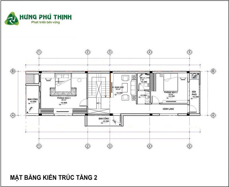 Bản vẽ thiết kế nhà 2 tầng 5x18m - Tầng 2