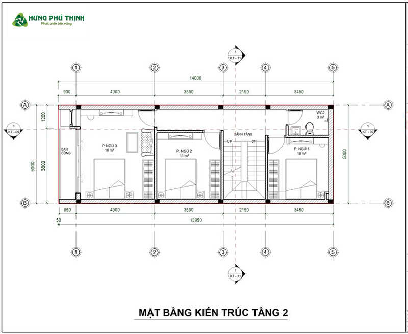 Bản vẽ thiết kế nhà 3 tầng 5x14m chi tiết - Tầng 2
