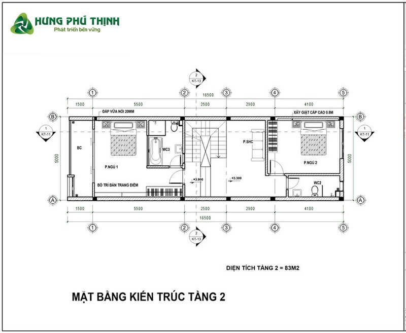 Bản vẽ chi tiết của thiết kế nhà 3 tầng 5x17m  - Tầng 2