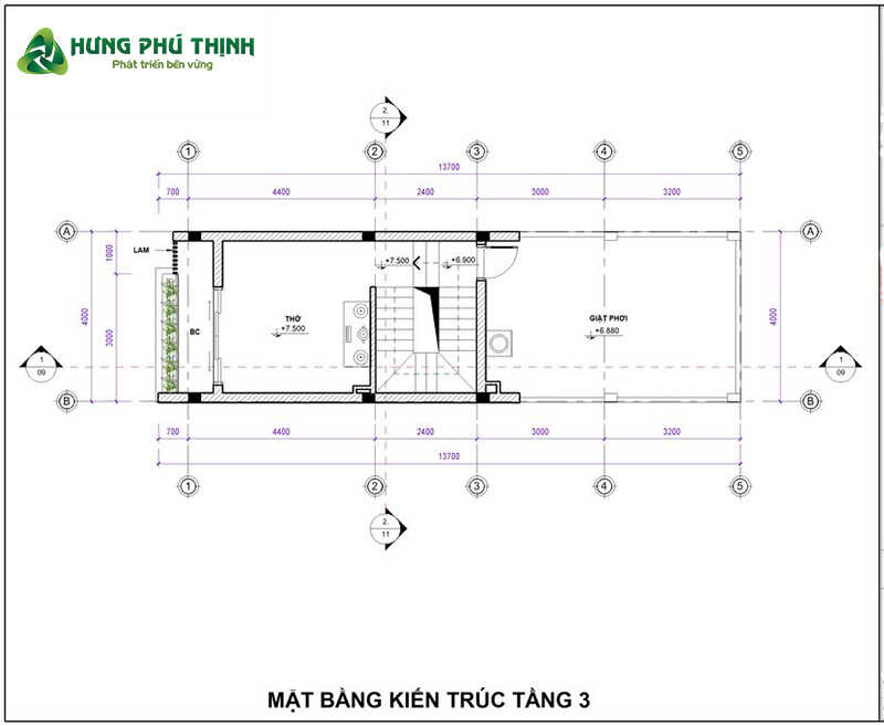 Bản vẽ thiết kế nhà 3 tầng 4x16m chi tiết - Tầng 3