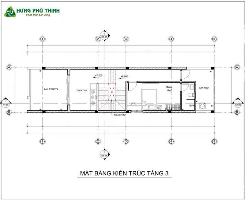 Bản vẽ thiết kế nhà 3 tầng 4x18m - Tầng 3