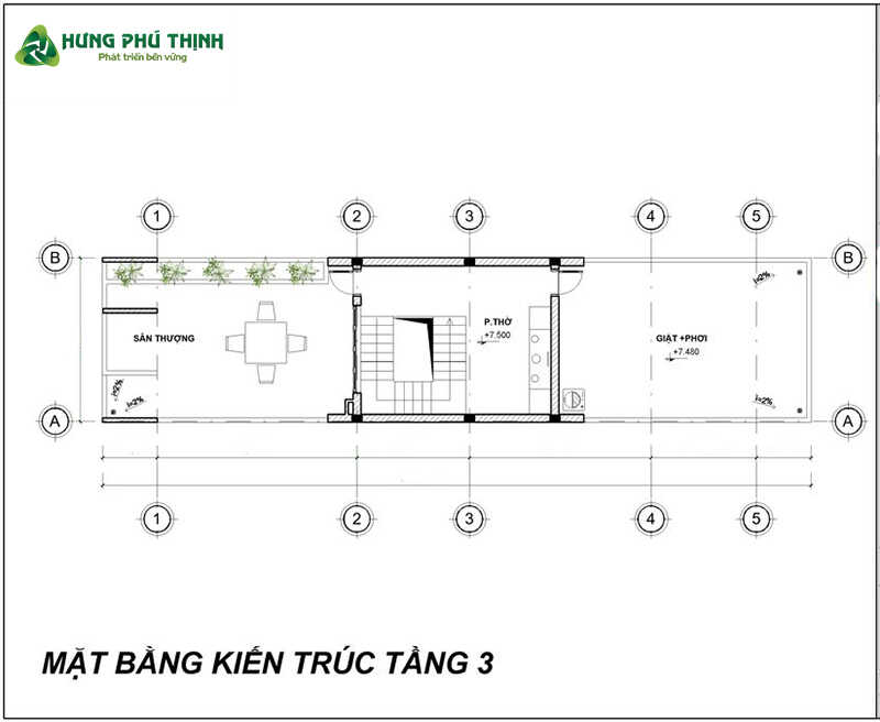 Bản vẽ thiết kế nhà 3 tầng 4x20m chi tiết - Tầng 3