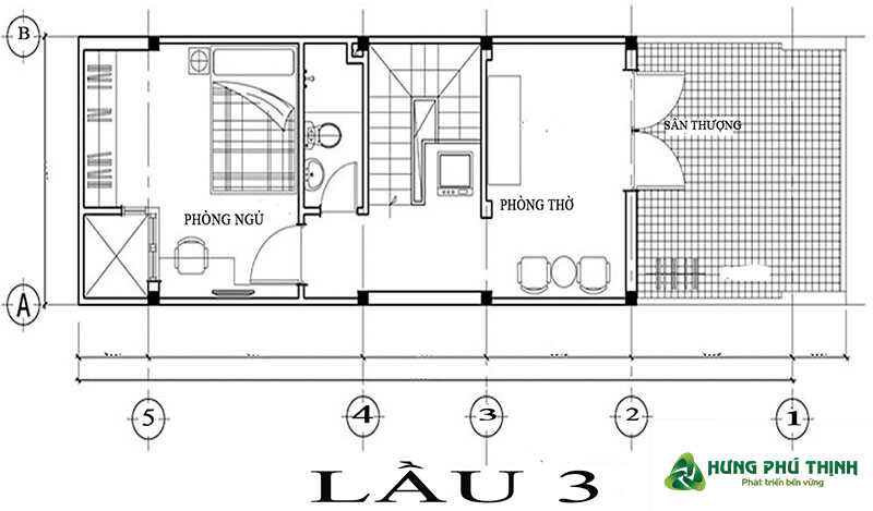 Mặt bằng công năng mẫu thiết kế nhà 3 tầng 4x13m - Tầng 3