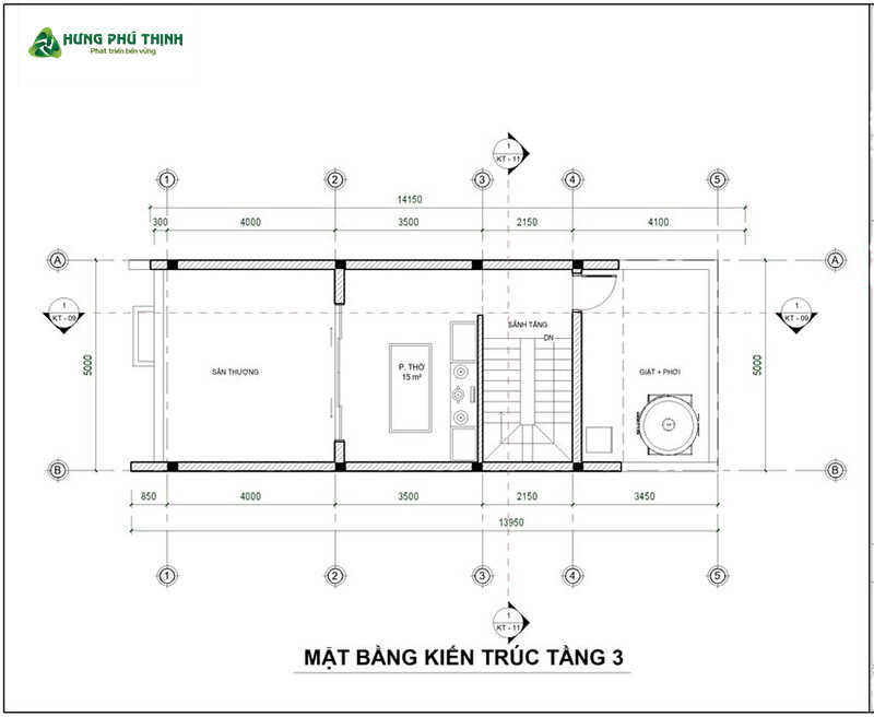 Bản vẽ thiết kế nhà 3 tầng 5x14m chi tiết - Tầng 3