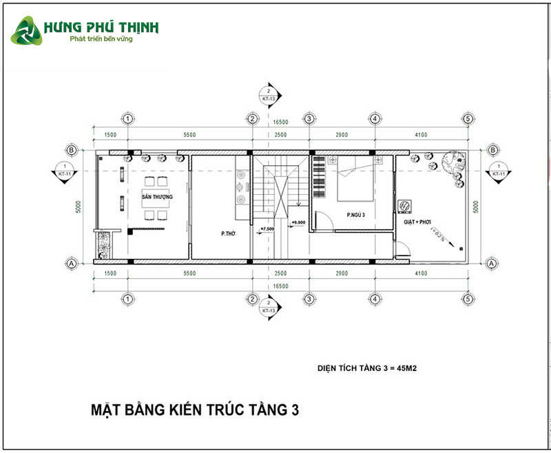 Bản vẽ chi tiết của thiết kế nhà 3 tầng 5x17m  - Tầng 3