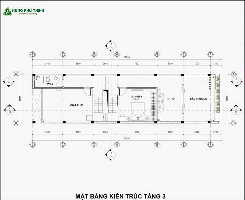 Bản vẽ thiết kế nhà 3 tầng 5x20m - Tầng 3