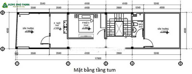 Bản vẽ nhà ống 2 tầng 1 tum 3 phòng ngủ - Tầng tum