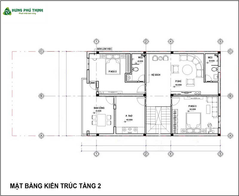 Bản vẽ chi tiết của biệt thự 3 tầng hiện đại 9x14m - Tầng 2