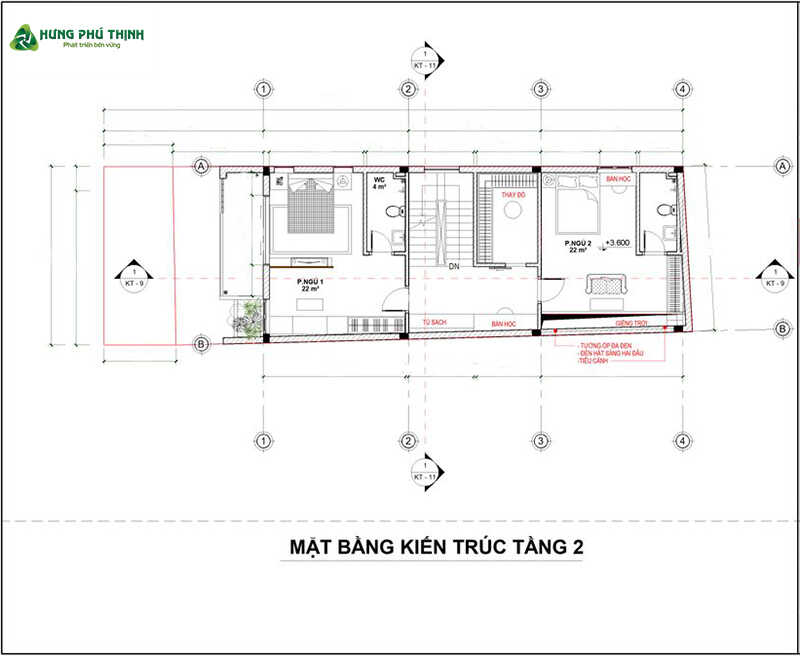 Bản vẽ thiết kế nhà 3 tầng 6x20m chi tiết (mặt bằng tầng 2)