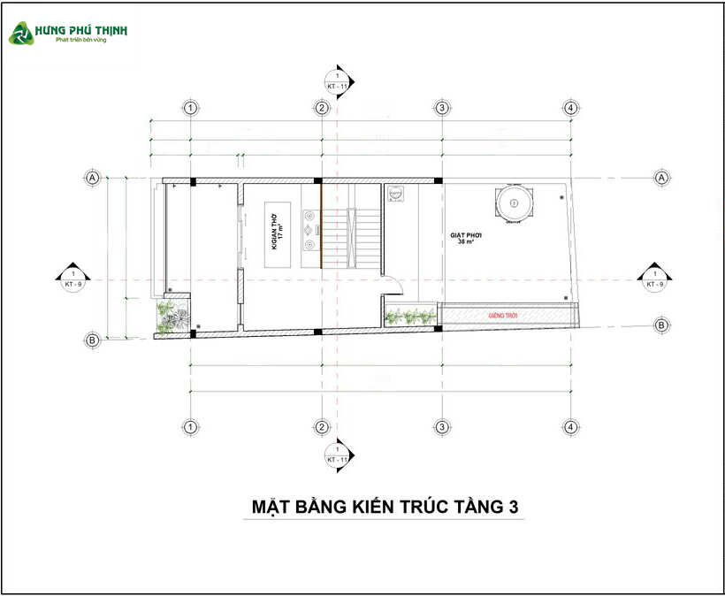 Bản vẽ thiết kế nhà 3 tầng 6x20m chi tiết (mặt bằng tầng 3)