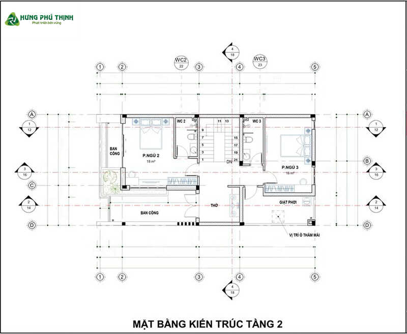 Bản vẽ thiết kế mẫu biệt thự 2 tầng hiện đại 8x15m - Tầng 2