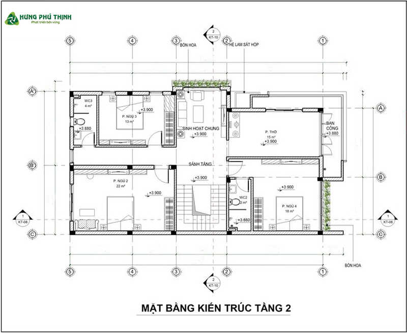 Bản vẽ thiết kế của mẫu biệt thự 2 tầng hiện đại 200m2 - Tầng 2