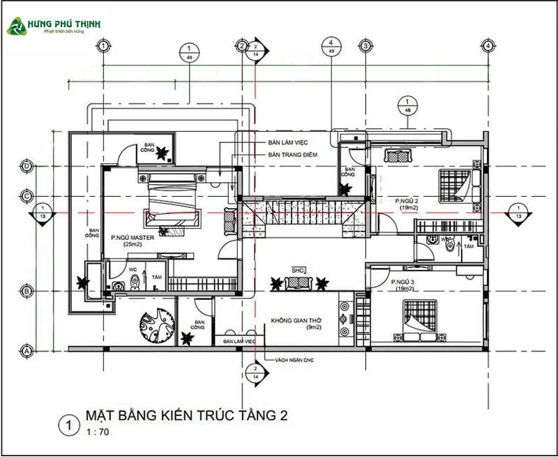 Bản vẽ thiết kế biệt thự 3 tầng hiện đại 8x16m - Tầng 2