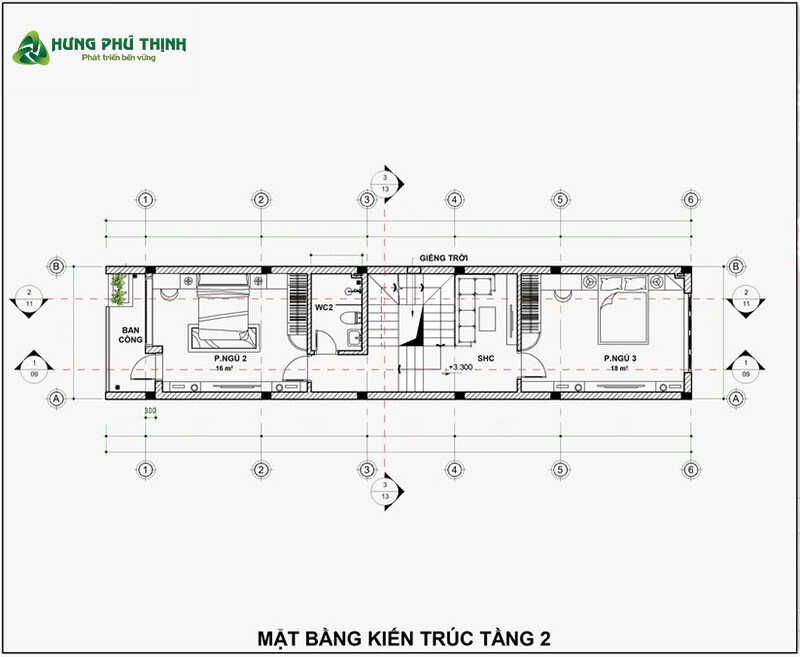 Bản vẽ thiết kế mẫu nhà 1 trệt 2 lầu 4x15m chi tiết (mặt bằng tầng 2)