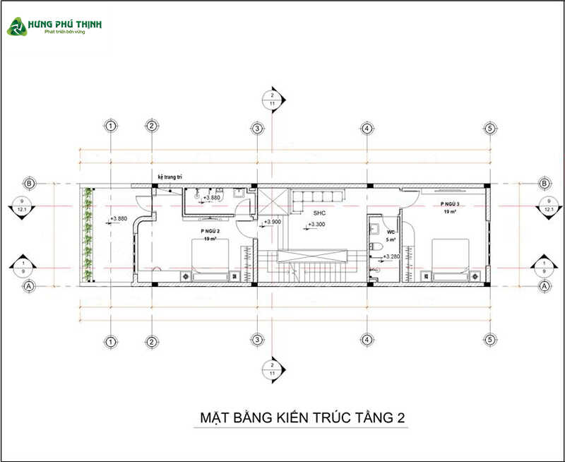 Bản vẽ thiết kế nhà ống 3 tầng 4x20 chi tiết - Tầng 2