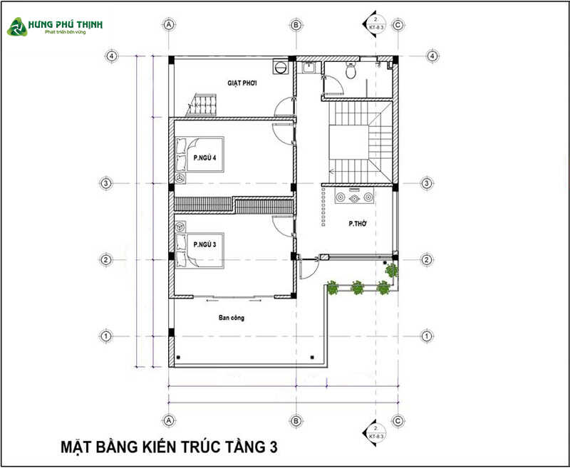 Bản vẽ chi tiết mẫu biệt thự 3 tầng hiện đại 10x16m - Tầng 3