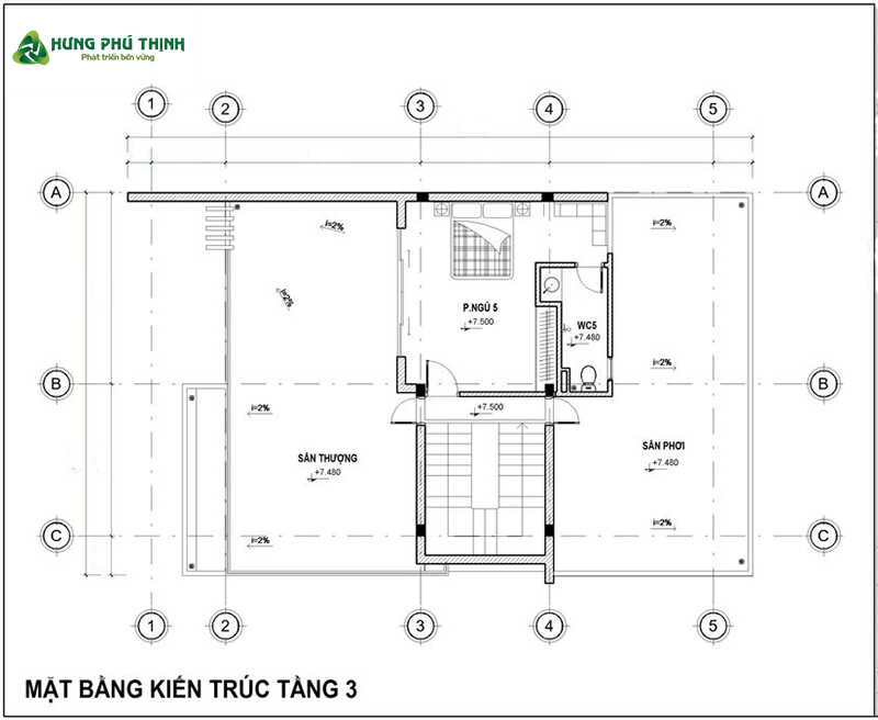 Bản vẽ thiết kế mẫu biệt thự 3 tầng hiện đại 260m2 - Tầng 3