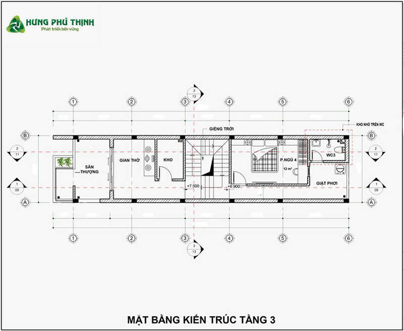 Bản vẽ thiết kế mẫu nhà 1 trệt 2 lầu 4x15m chi tiết (mặt bằng tầng 3)