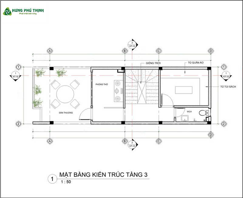 Bản vẽ thiết kế nhà ống 3 tầng 4x18m - Tầng 3