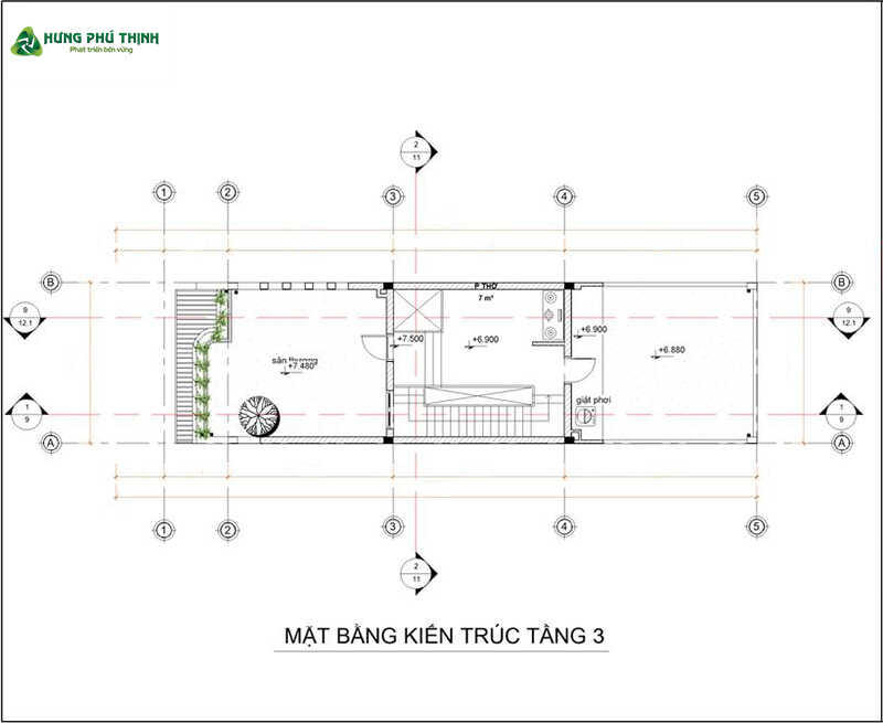Bản vẽ thiết kế nhà ống 3 tầng 4x20 chi tiết - Tầng 3