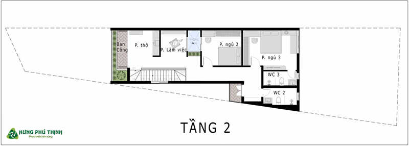 Bản vẽ mặt bằng tầng 2 - nhà 4x12 1 trệt 1 lầu 3 phòng ngủ 