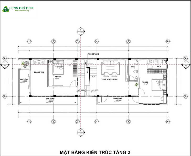 Bản vẽ thiết kế nhà ống 3 tầng 5x20m chi tiết - Tầng 2