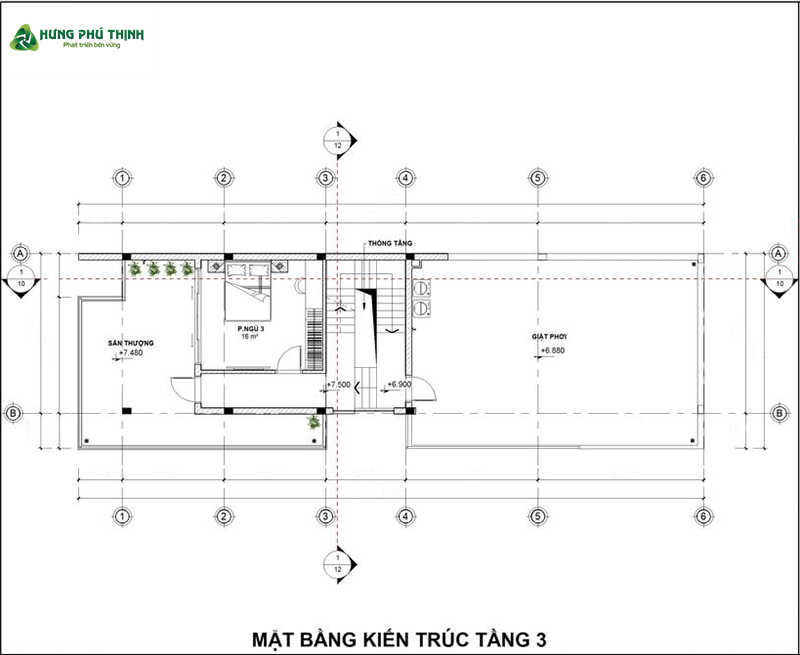 Bản vẽ thiết kế nhà ống 3 tầng 5x20m chi tiết - Tầng 3