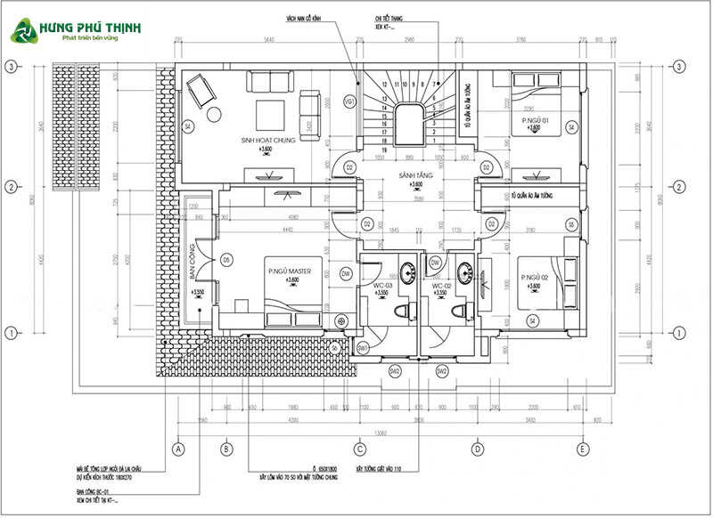 Bản vẽ mặt bằng biệt thự tân cổ điển 3 tầng kiểu pháp - Tầng 2