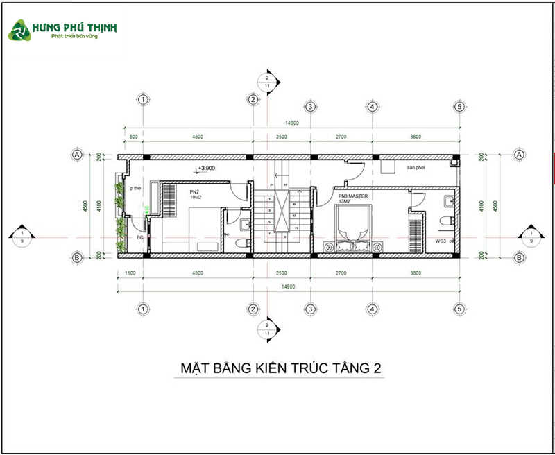Bản vẽ thiết kế nhà 1 trệt 1 lầu 5x15m chi tiết - Tầng 2